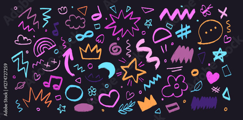 Hand drawn crayon various elements. Chalk pencil set with music notes, arrow, speech bubble, underline, hash tag, star, moon. Vector sketchy doodle charcoal abstract icons isolated on black background