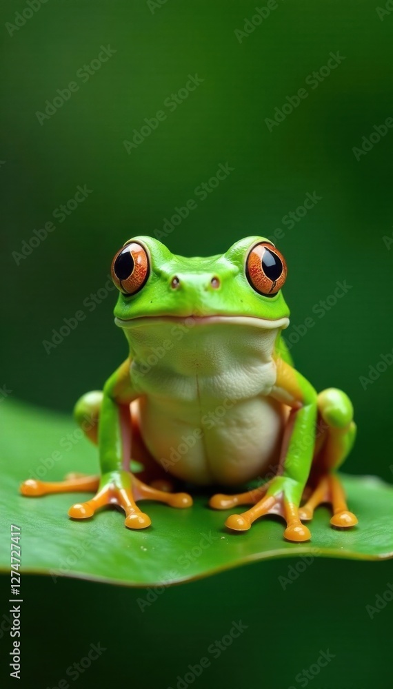 Green frog on a leaf with silly expression and wiggling legs , greenfrog, sitting, green Green frog on a leaf with silly expression and wiggling legs , greenfrog, sitting, green