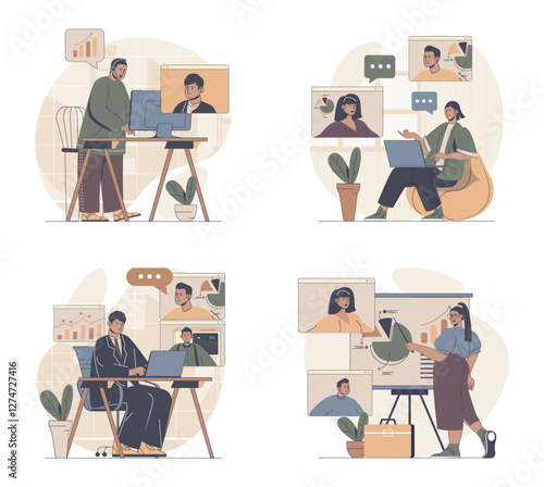 Video business conference concept scenes set in flat web design. People in situations of working remotely at global project, connecting online for getting breafing and tasks. Vector illustrations.