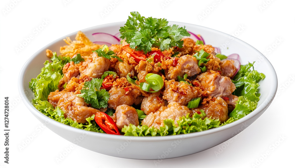 Yam Naem Khao Tod,Spicy Pork Salad with Crispy Rice on white background Yam Naem Khao Tod,Spicy Pork Salad with Crispy Rice on white background