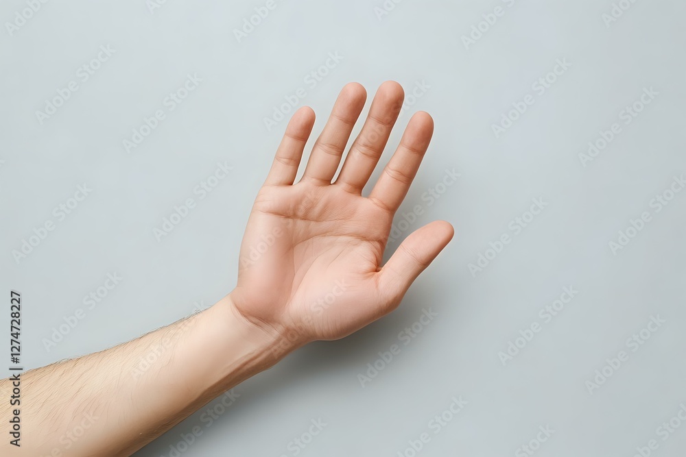 Caucasian person showing open palm gesture against light background, demonstrating nonverbal communication and body language in professional setting. Caucasian person showing open palm gesture against light background, demonstrating nonverbal communication and body language in professional setting.