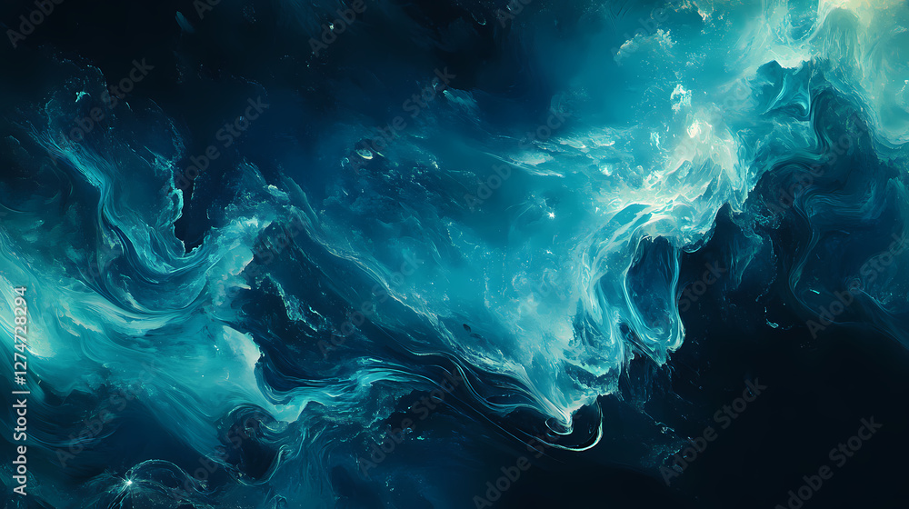 Fluid, bioluminescent ocean waves in deep blues and greens, fantasy, design. Bioluminescent Deep Sea. Illustration Fluid, bioluminescent ocean waves in deep blues and greens, fantasy, design. Bioluminescent Deep Sea. Illustration