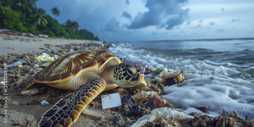 Fototapeta premium Close-up of a sea turtle crawling on the sandy beach near the ocean's edge with various shells scattered about. An idyllic scene for nature lovers and photographers.