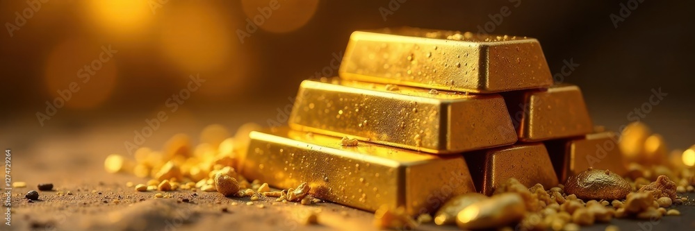 Golden bars stacked on top of each other in a neat pyramid shape, riches, treasure, golden Golden bars stacked on top of each other in a neat pyramid shape, riches, treasure, golden