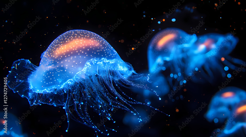 Naklejka premium Mysterious and awe-inspiring, glowing bioluminescent sea creatures light up a deep ocean, creating a scene of marine glowtime. Bioluminescent Deep Sea. Illustration