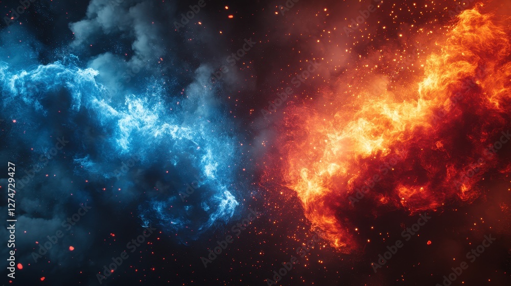 Fototapeta premium Dynamic collision of red fire and blue smoke with sparkling particles in a dark atmosphere