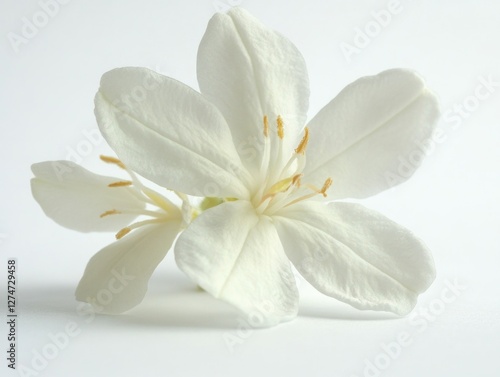 A single white lilac flower in bloom with a delicate blossom and six petals.