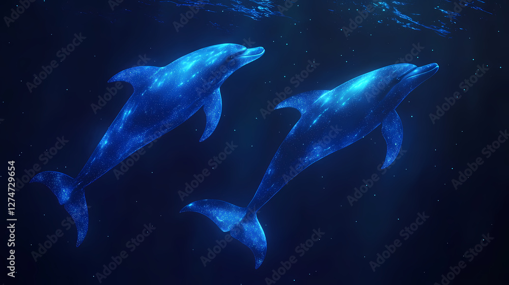 Obraz premium Two bioluminescent dolphins swimming in the deep ocean at night. Bioluminescent Deep Sea. Illustration