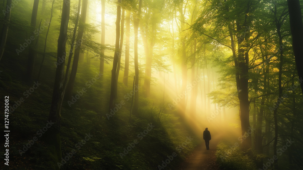 Fototapeta premium 霧に包まれた朝の森を歩くハイカー