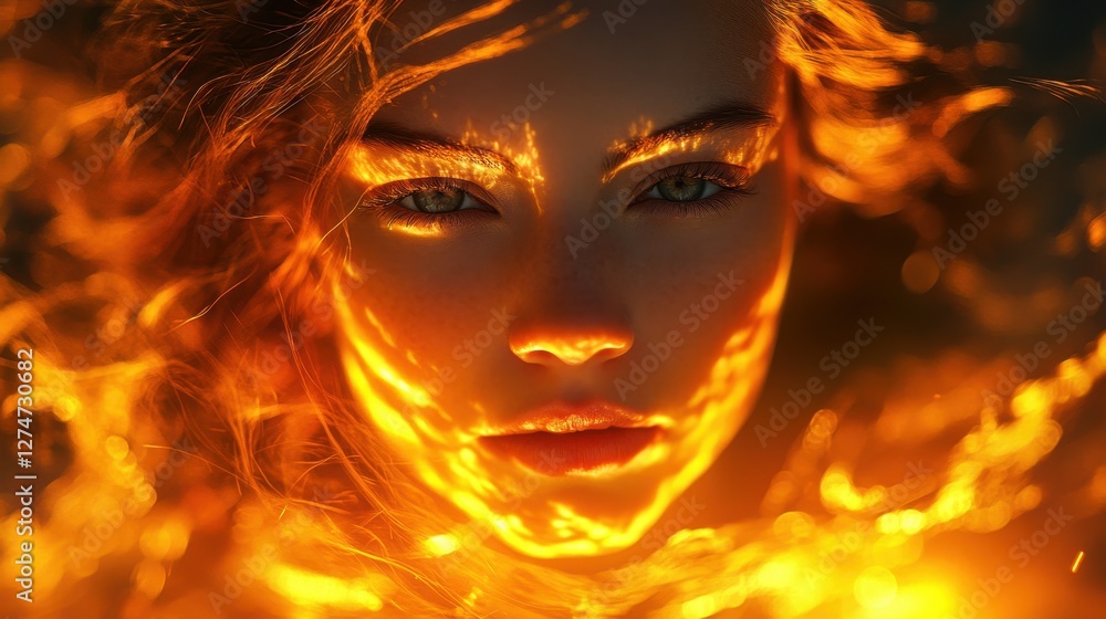 Woman's face illuminated by fiery light creating a mesmerizing pattern Woman's face illuminated by fiery light creating a mesmerizing pattern