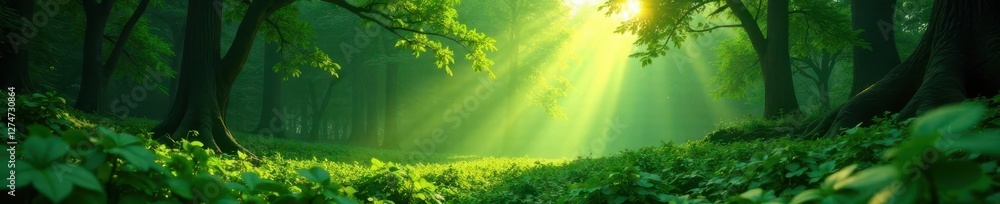 Fototapeta premium Softly glowing emerald forest landscape at dawn, soft light, natural, landscape
