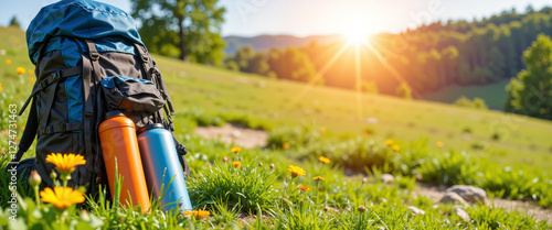 Hiking backpack with orange and blue water bottles resting on vibrant green grass, illuminated by a warm sunrise, conveying a sense of adventure and tranquility in nature