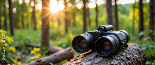 Wallpaper Mural Binoculars resting on a log with sunlight filtering through trees in a vibrant forest setting Torontodigital.ca