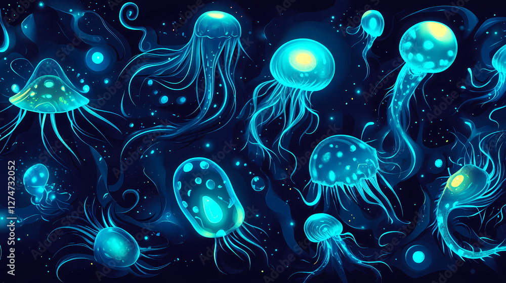 Naklejka premium Bioluminescent creatures glowing in the deep underwater background. Bioluminescent Deep Sea. Illustration