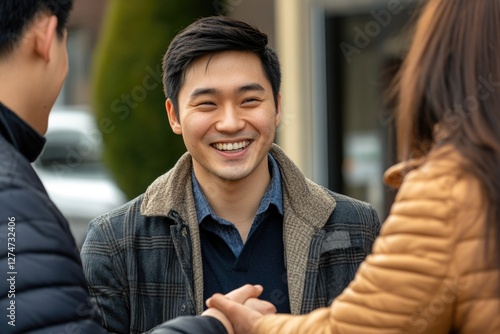 The image depicts a smiling young man and another person shaking hands. It captures the joy of meeting someone new or reconnecting with an old acquaintance. photo