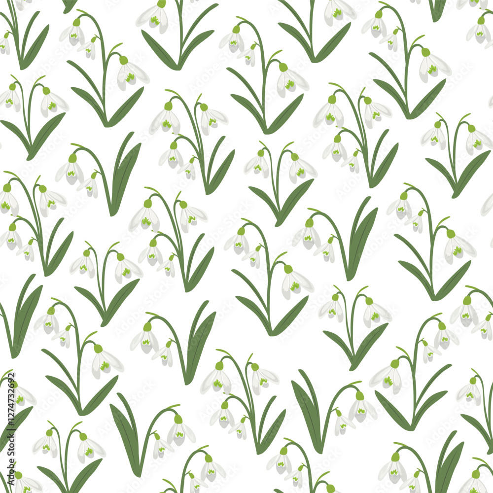 Naklejka premium Snowdrops flower seamless pattern. Vector clipart, illustration with isolated background.