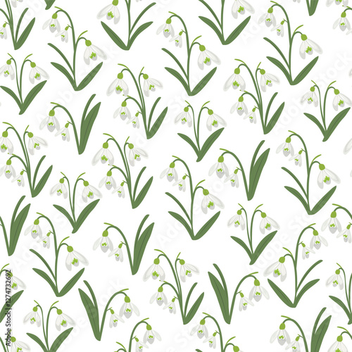 Snowdrops flower seamless pattern. Vector clipart, illustration with isolated background.