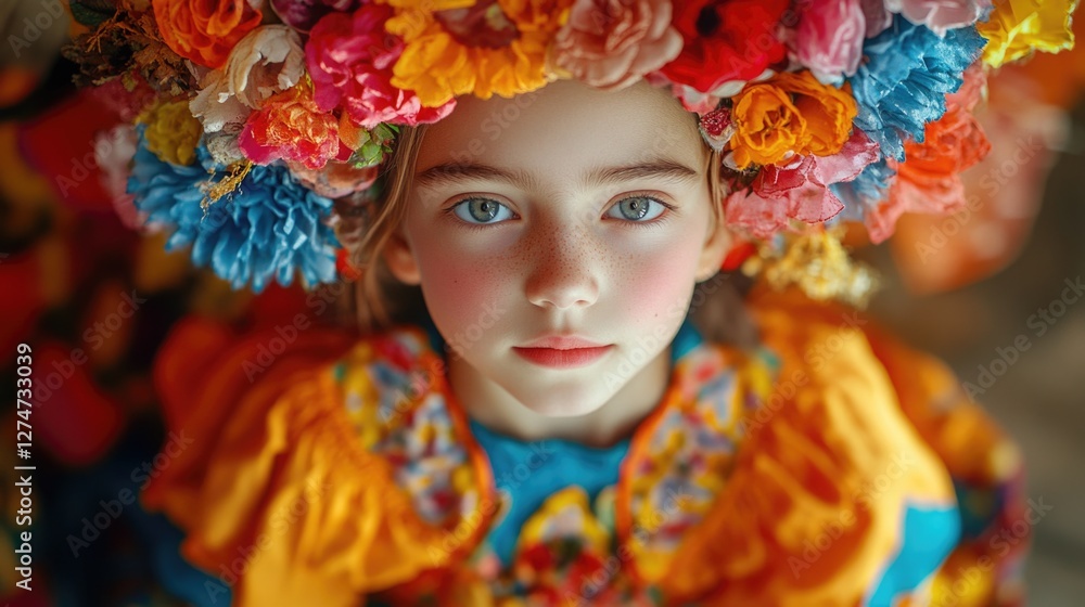 Girl with vibrant floral headpiece, symbolizing festivity and cultural celebration. Girl with vibrant floral headpiece, symbolizing festivity and cultural celebration.