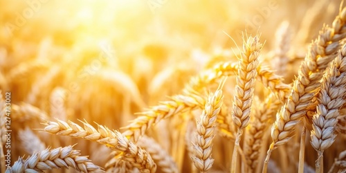 A close-up view of golden wheat crops in a field, illuminated by sunlight.