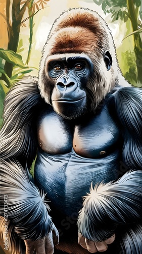 Majestic gorilla portrait in a lush jungle setting ideal for mobile wallpaper use photo