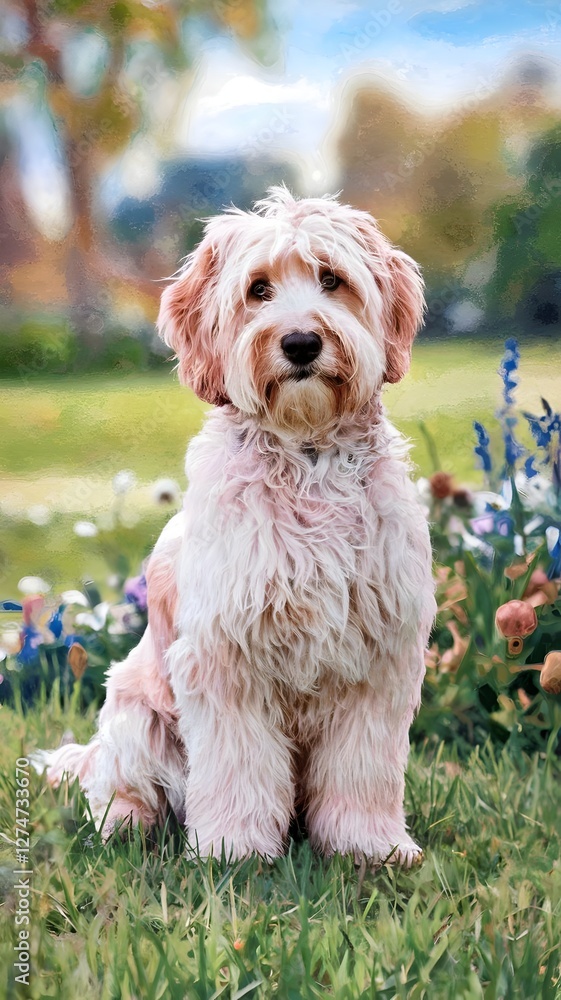 Cute fluffy Cockapoo dog sitting on green grass with flowers in the background Cute fluffy Cockapoo dog sitting on green grass with flowers in the background