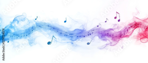 abstract blue & violet gradient as a watercolor line with music notes isolated over white background; concept of music concert, musical class, classic music element