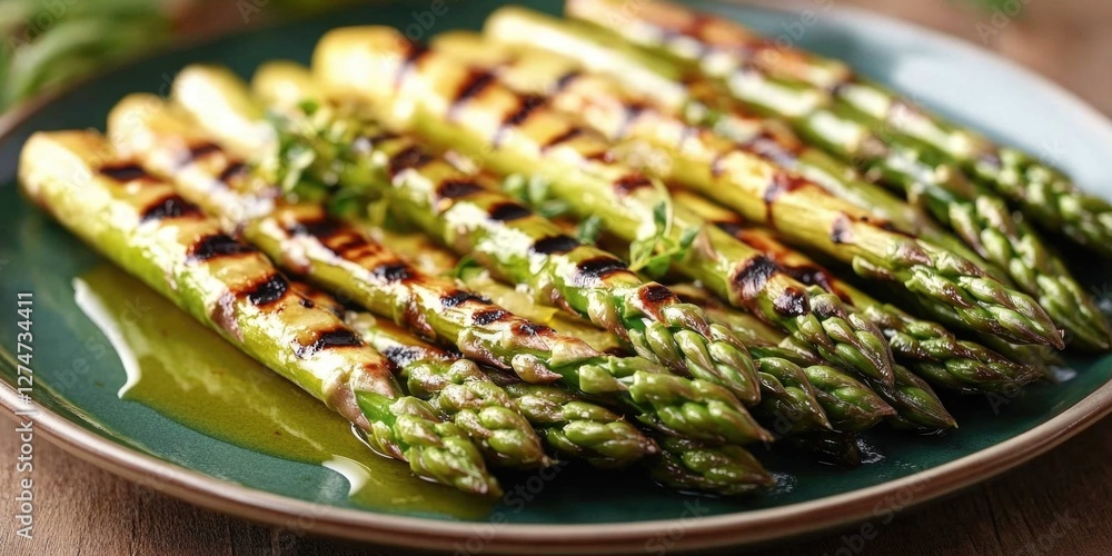 Close-up view of grilled asparagus spears on a plate, garnished with fresh herbs. A healthy and tasty vegetarian appetizer. Close-up view of grilled asparagus spears on a plate, garnished with fresh herbs. A healthy and tasty vegetarian appetizer.