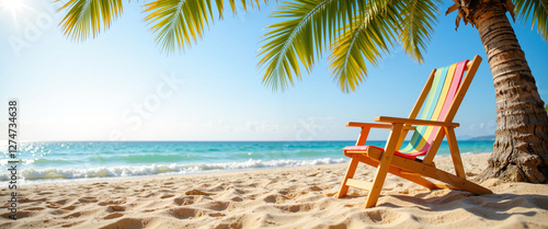 Colorful beach chair under swaying palm trees against a bright blue sky and sparkling ocean water, conveying a serene and relaxed summer vibe