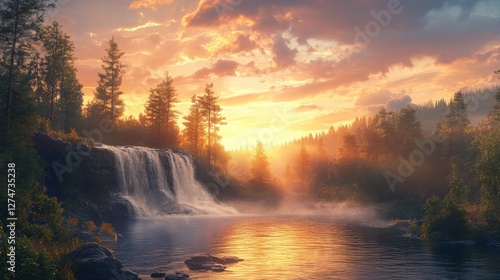 Stunning sunset over scenic waterfall in forest landscape
