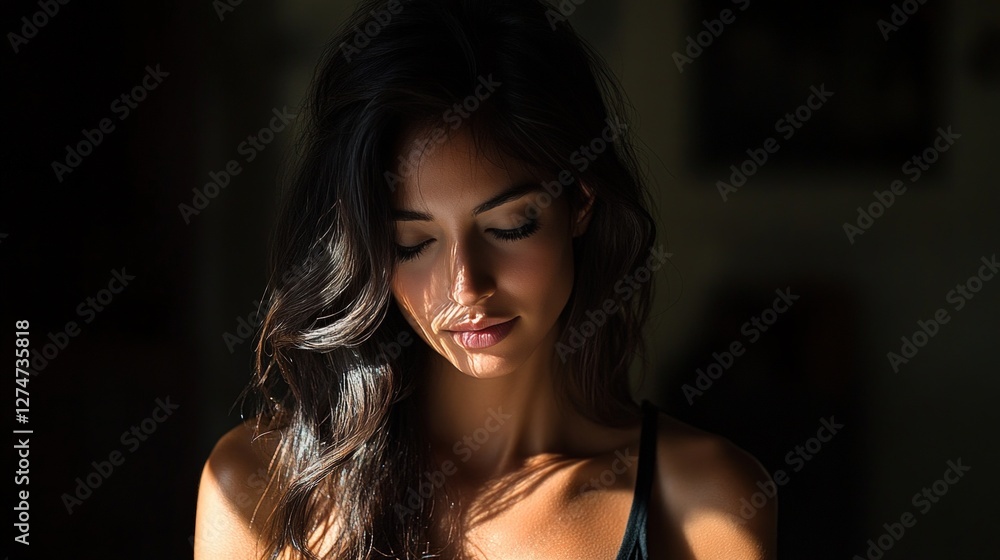 Naklejka premium Woman, eyes closed, sunlit face, dark room, pensive mood, portrait