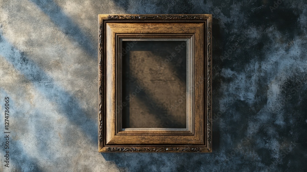 Ornate wooden picture frame on textured background with sunlight and shadows Ornate wooden picture frame on textured background with sunlight and shadows