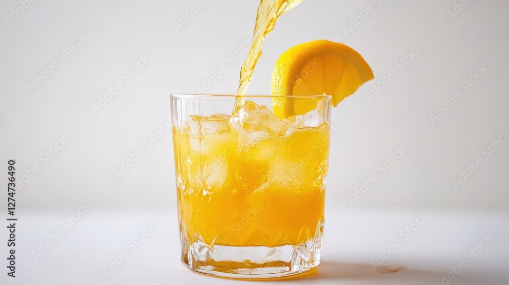 Fototapeta premium Refreshing citrus drink being poured into a glass with ice and a lemon slice on the rim