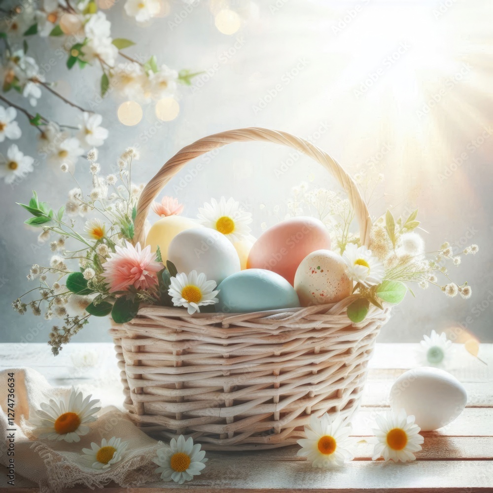 Festive Easter basket filled with pastel and brightly colored eggs, decorated with delicate patterns, placed on a rustic wooden table with fresh flowers around Festive Easter basket filled with pastel and brightly colored eggs, decorated with delicate patterns, placed on a rustic wooden table with fresh flowers around