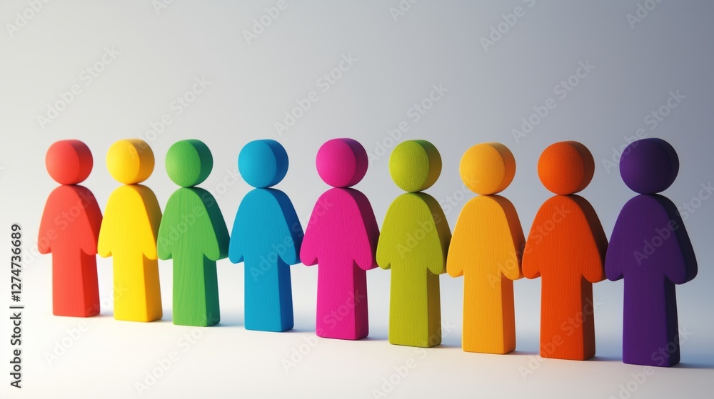 Rainbow Unity: A vibrant row of colorful wooden figures stands hand-in-hand, symbolizing unity, diversity, and togetherness. Rainbow Unity: A vibrant row of colorful wooden figures stands hand-in-hand, symbolizing unity, diversity, and togetherness.