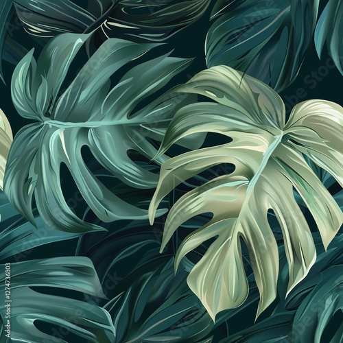 Wallpaper Mural Tropical seamless pattern with monstera leaves, Vector illustration, Ai generated Torontodigital.ca