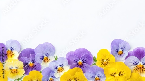 Vibrant yellow and purple pansies on white background