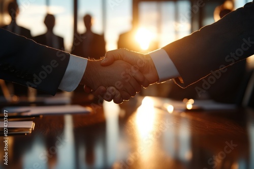 Two businessmen shake hands firmly at sunset, symbolizing a successful agreement or partnership in a corporate environment, with dramatic light behind them. photo