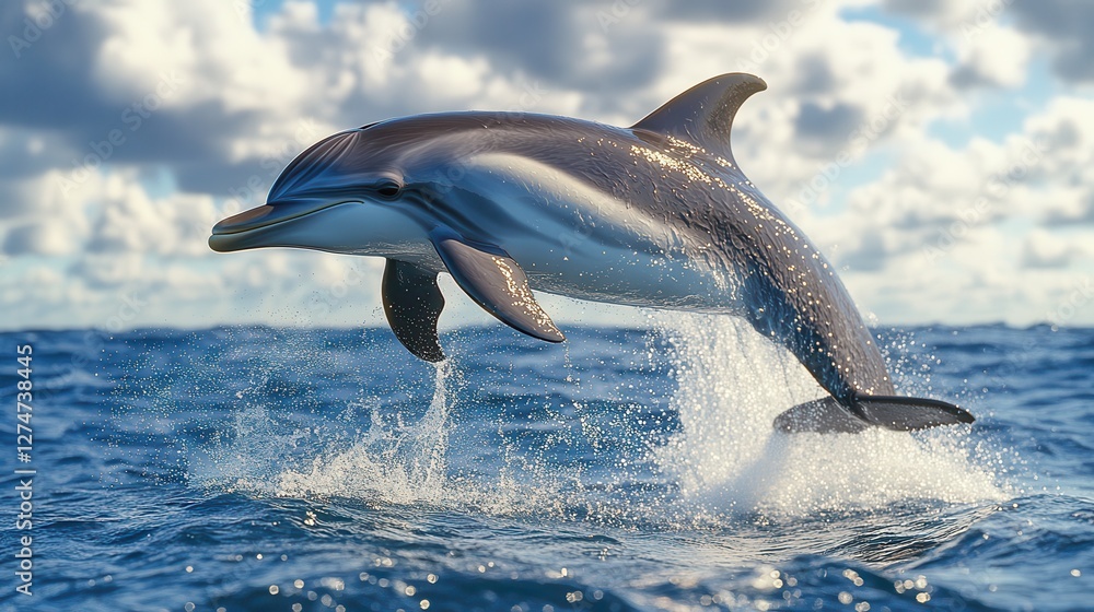 Fototapeta premium Dolphin leaping gracefully over ocean waves under a cloudy sky