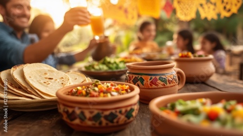 Lively multigenerational family gathering enjoying outdoor fiesta with traditional mexican cuisine