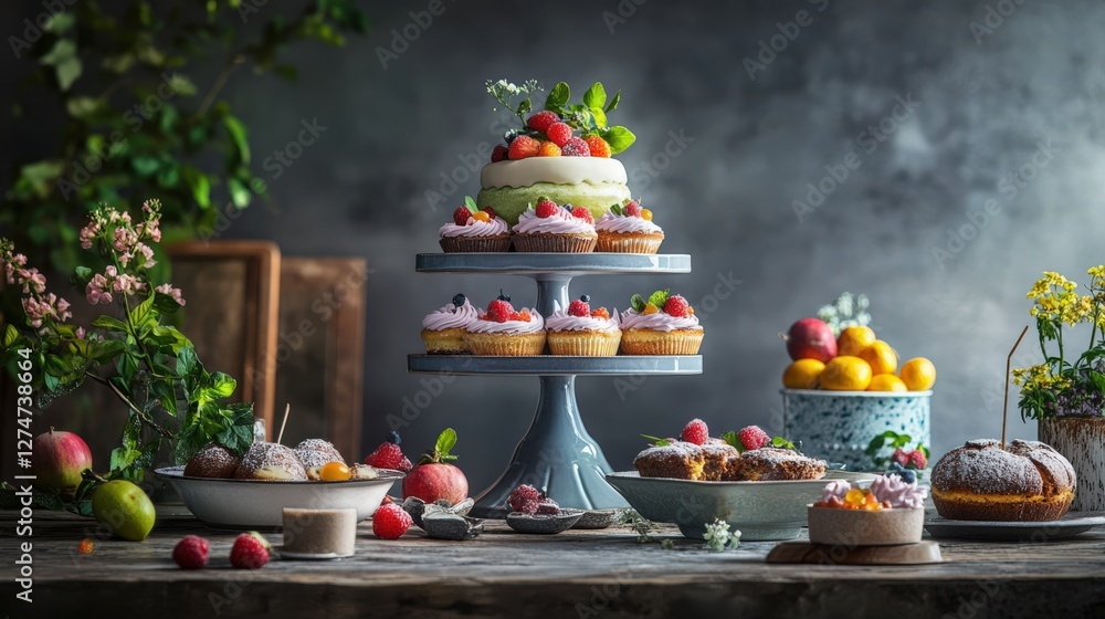 Naklejka premium A beautifully arranged dessert table featuring a tiered cake and assorted pastries with fresh fruits