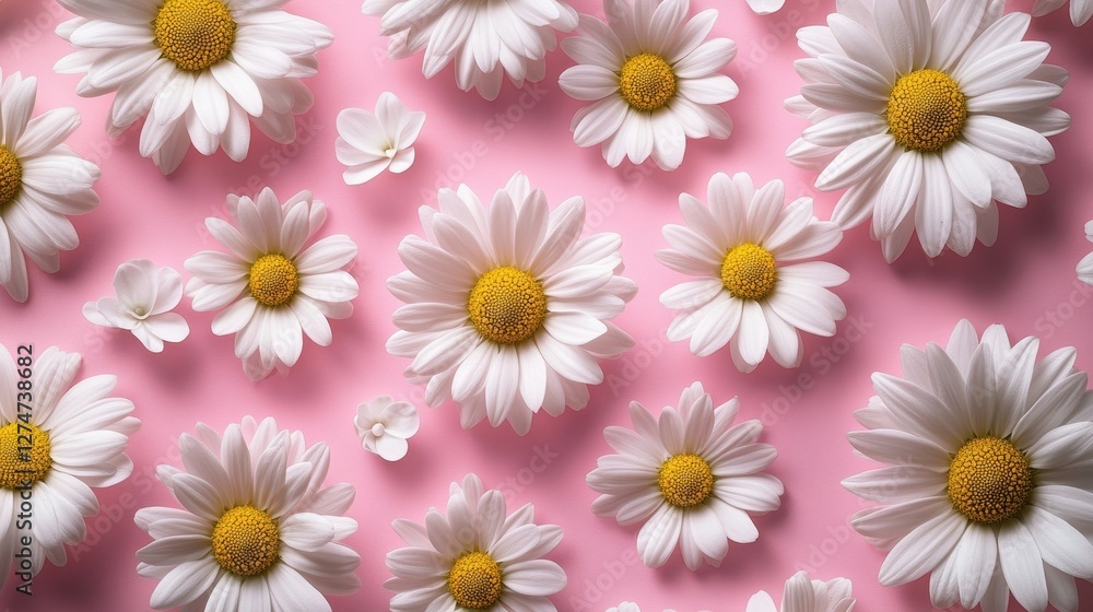 White daisies on pink background creating elegant floral pattern with soft lighting White daisies on pink background creating elegant floral pattern with soft lighting