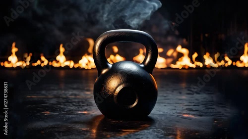Black Kettlebell in Dynamic Setting with Flames and Smoke Effects