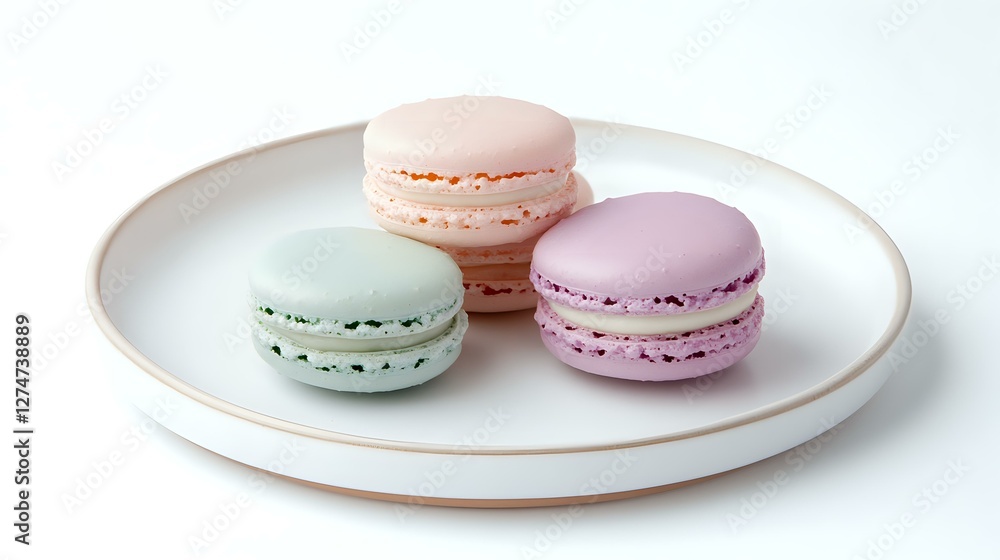 Colorful French macarons in pastel pink, mint green, and lavender arranged on white ceramic plate, sweet meringue sandwich cookies with cream filling. Colorful French macarons in pastel pink, mint green, and lavender arranged on white ceramic plate, sweet meringue sandwich cookies with cream filling.