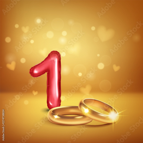 A red number 1 in the form of a balloon with two gold wedding rings, symbolizing the celebration of the first wedding anniversary, set on a glowing, warm background with small hearts flying around.