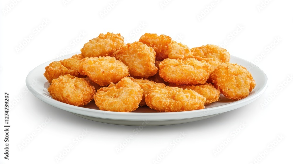 Crispy golden chicken nuggets on white plate against white background Crispy golden chicken nuggets on white plate against white background