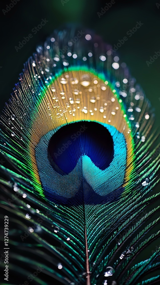 Naklejka premium Peacock feather with water droplets displaying vibrant iridescent colors of blue, green and gold against dark background, macro photography with bokeh effect.