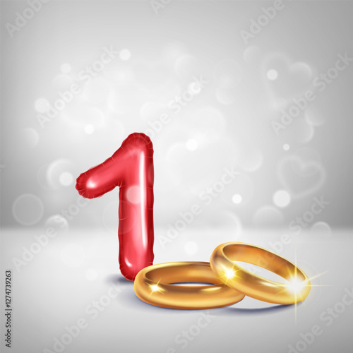 A red number 1 in the form of a balloon with two gold wedding rings, symbolizing the celebration of the first wedding anniversary and unity, set on a light background with small hearts flying around.