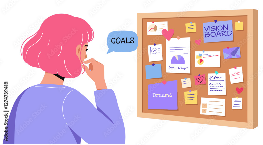 Girl looking at her vision board, with goal, dreams and achievements. Personal growth concept. Colorful cartoon Girl looking at her vision board, with goal, dreams and achievements. Personal growth concept. Colorful cartoon