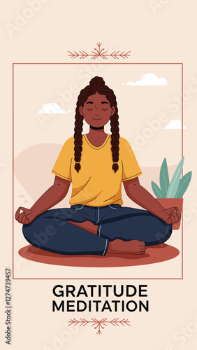 Gratitude meditation with black woman sitting in lotus position. Mindfulness, zen-lie, yoga concept