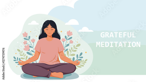 Grateful Meditation illustration vector banner with girl sitting on lotus position